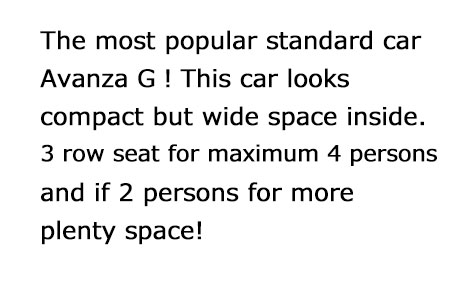 The most popular standard car Avanza G！This car looks compact but 3 row seat for maximum 4 persons and 2 persons for more space!